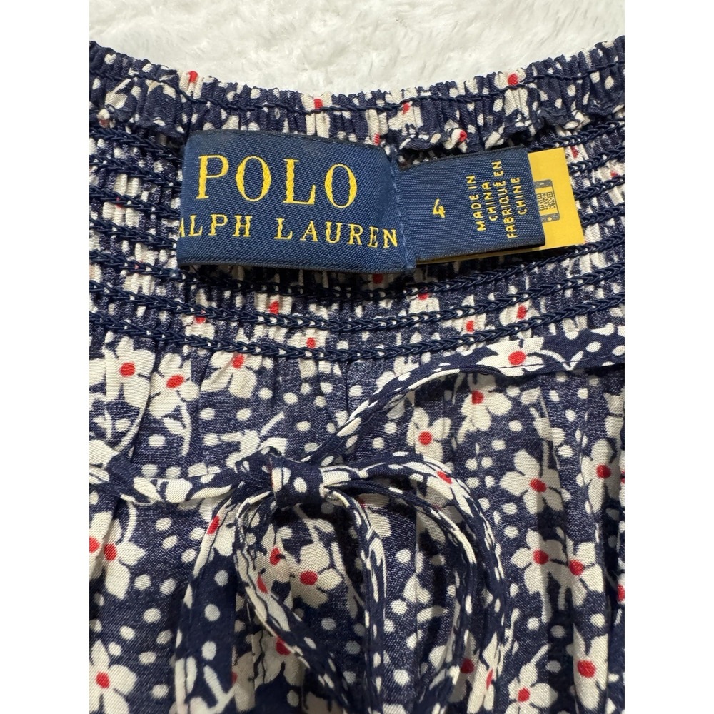 Polo Ralph Lauren Floral Long Sleeve Romper Navy Blue Smocked V-Neck Size 4 - Picture 4 of 5